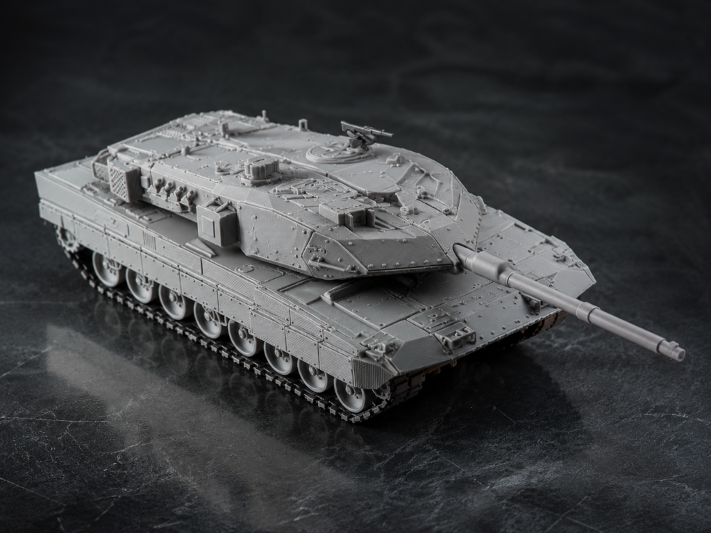 Detailed gray 3D printed tank model. A detailed model showing the larger, more complex projects the printer can handle.